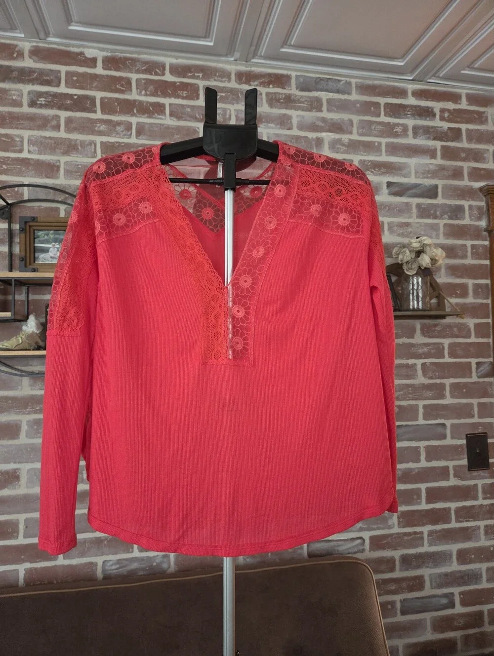 Free People Coral Pink Lace-Yoke Long Sleeve Blouse